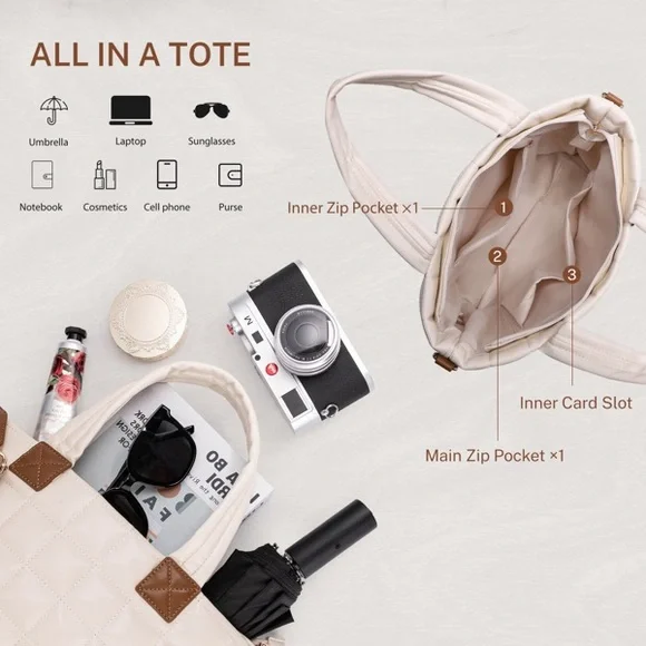 Women’s zipper handbag Elegant Cream Quilted Tote Bag - Picture 5 of 6